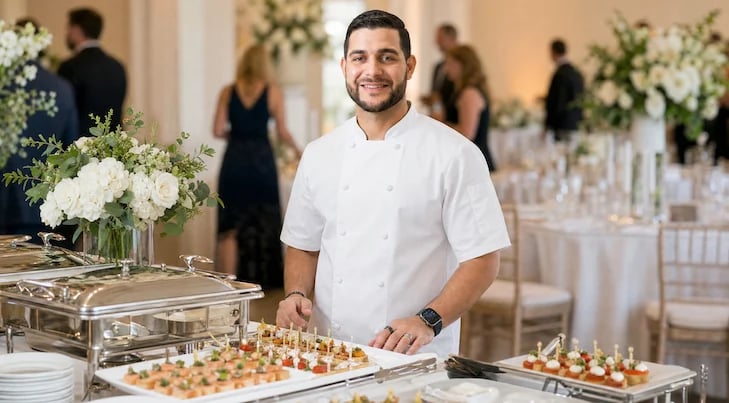 Man in white shirt arranging appetizers at an elegant event with white flowers and guests in the background